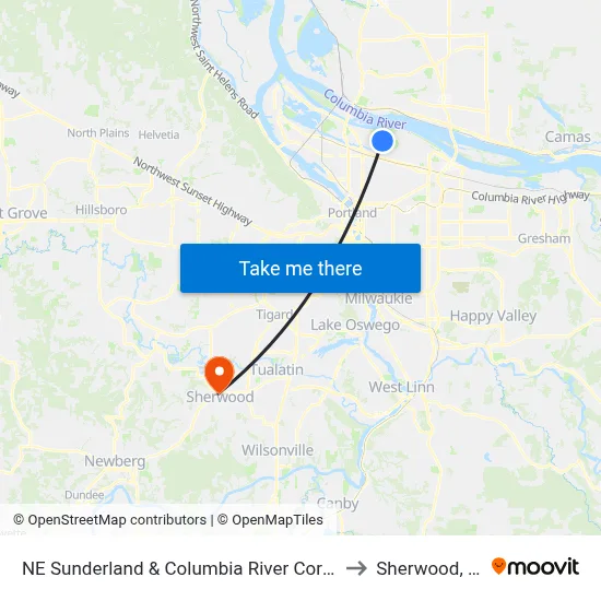 NE Sunderland & Columbia River Corr Inst to Sherwood, OR map