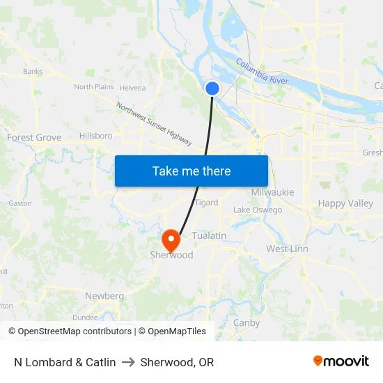N Lombard & Catlin to Sherwood, OR map