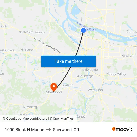 1000 Block N Marine to Sherwood, OR map