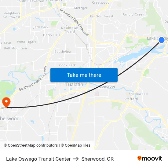 Lake Oswego Transit Center to Sherwood, OR map