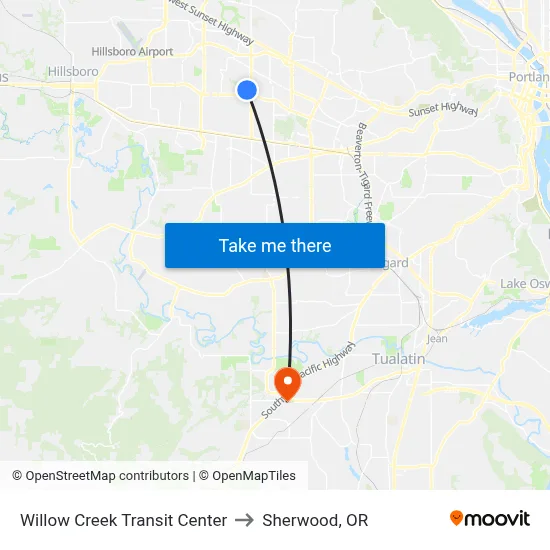 Willow Creek Transit Center to Sherwood, OR map