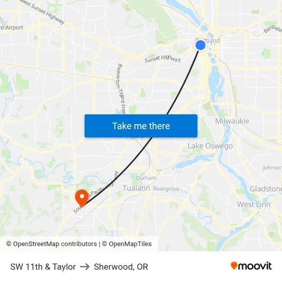 SW 11th & Taylor to Sherwood, OR map