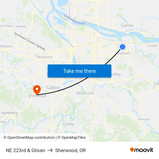 NE 223rd & Glisan to Sherwood, OR map
