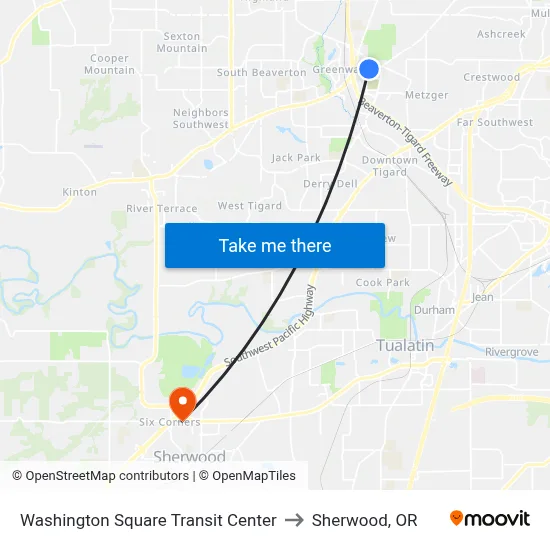 Washington Square Transit Center to Sherwood, OR map