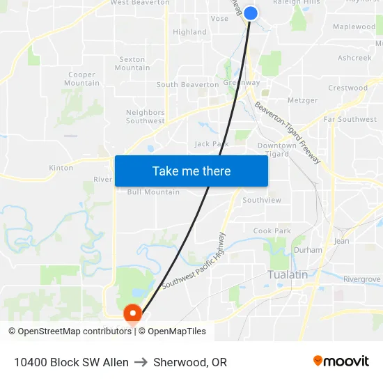 10400 Block SW Allen to Sherwood, OR map