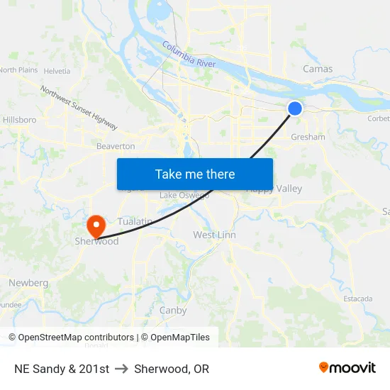NE Sandy & 201st to Sherwood, OR map