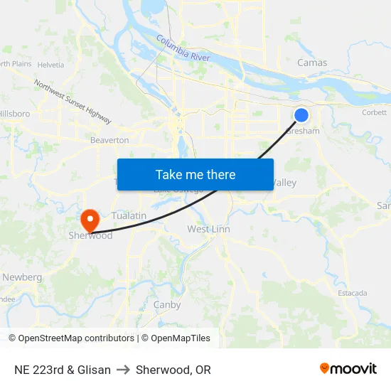 NE 223rd & Glisan to Sherwood, OR map