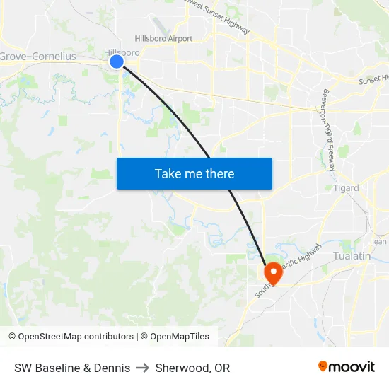 SW Baseline & Dennis to Sherwood, OR map