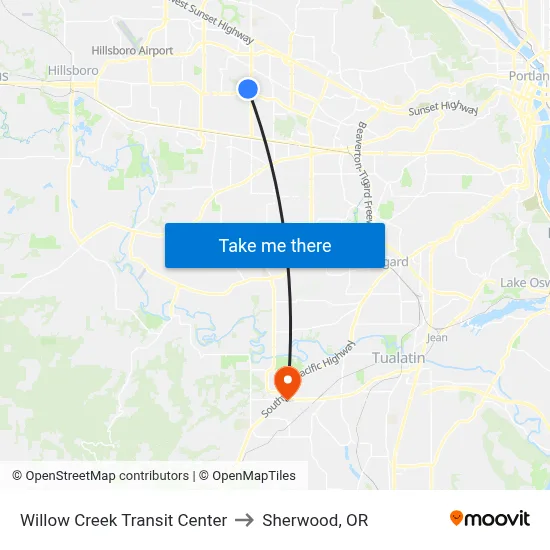 Willow Creek Transit Center to Sherwood, OR map