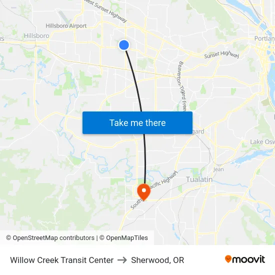 Willow Creek Transit Center to Sherwood, OR map