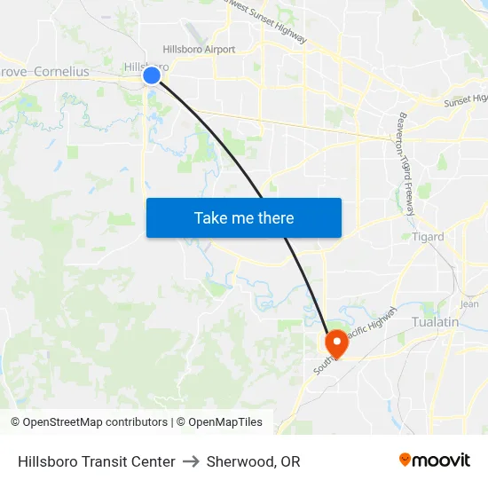 Hillsboro Transit Center to Sherwood, OR map