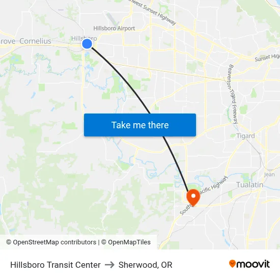 Hillsboro Transit Center to Sherwood, OR map