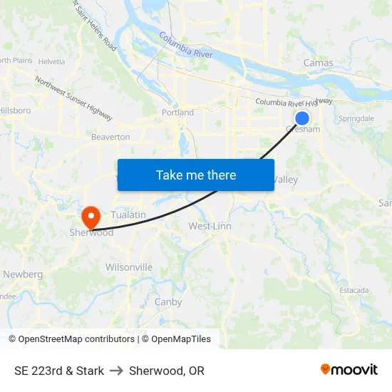 SE 223rd & Stark to Sherwood, OR map