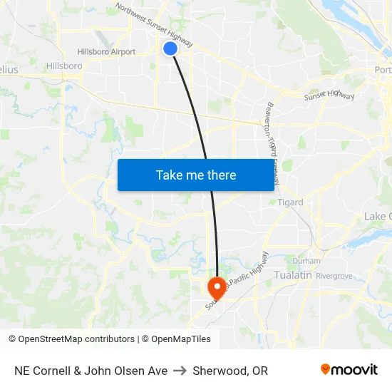 NE Cornell & John Olsen Ave to Sherwood, OR map