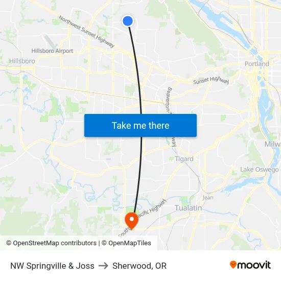 NW Springville & Joss to Sherwood, OR map