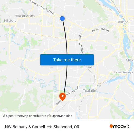 NW Bethany & Cornell to Sherwood, OR map