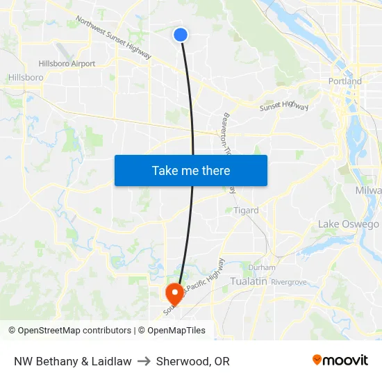 NW Bethany & Laidlaw to Sherwood, OR map