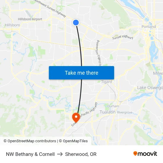 NW Bethany & Cornell to Sherwood, OR map