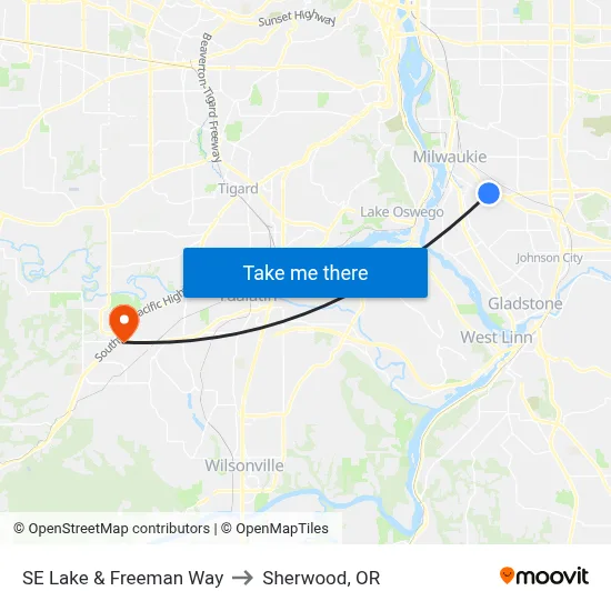 SE Lake & Freeman Way to Sherwood, OR map