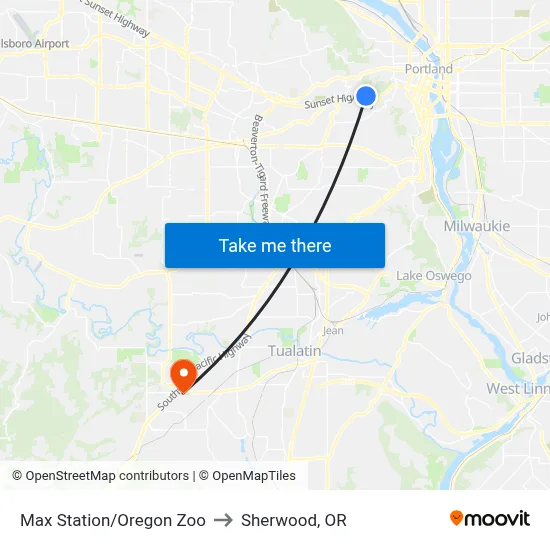 Max Station/Oregon Zoo to Sherwood, OR map