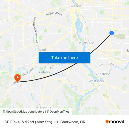 SE Flavel & 92nd (Max Stn) to Sherwood, OR map