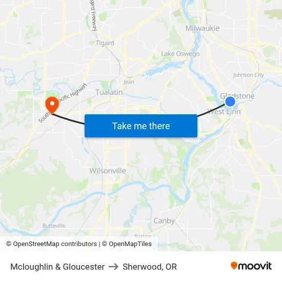 Mcloughlin & Gloucester to Sherwood, OR map