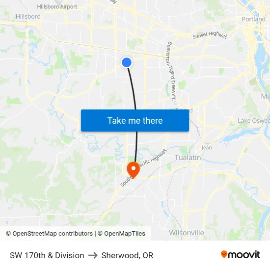 SW 170th & Division to Sherwood, OR map