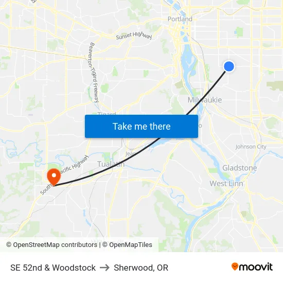SE 52nd & Woodstock to Sherwood, OR map
