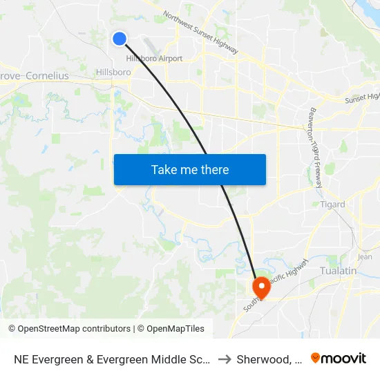 NE Evergreen & Evergreen Middle School to Sherwood, OR map