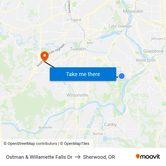 Ostman & Willamette Falls Dr to Sherwood, OR map