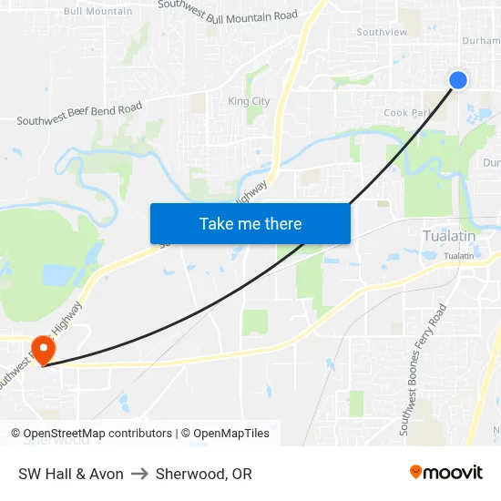 SW Hall & Avon to Sherwood, OR map