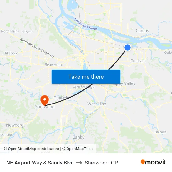 NE Airport Way & Sandy Blvd to Sherwood, OR map