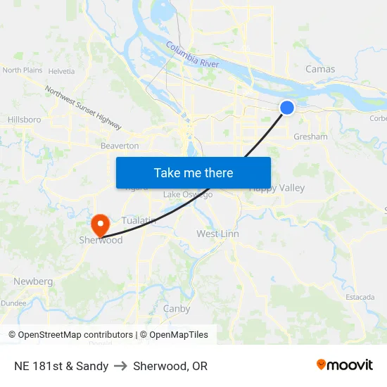 NE 181st & Sandy to Sherwood, OR map