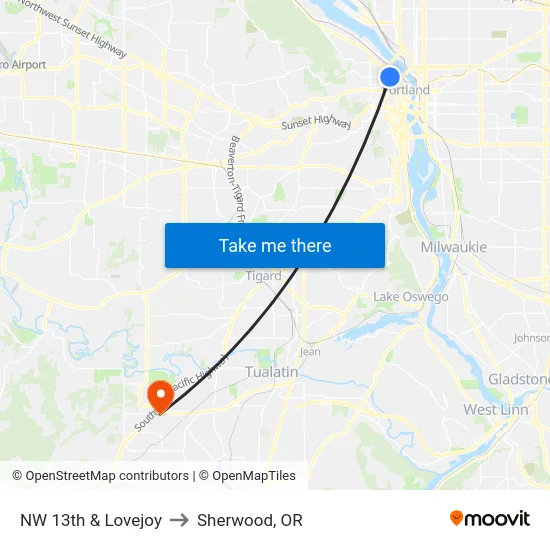 NW 13th & Lovejoy to Sherwood, OR map