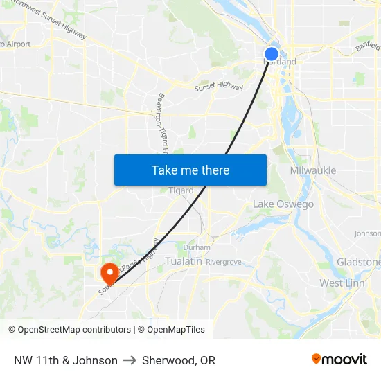 NW 11th & Johnson to Sherwood, OR map