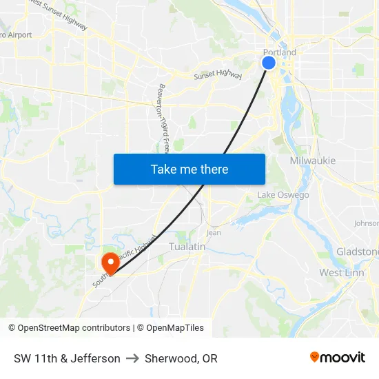 SW 11th & Jefferson to Sherwood, OR map