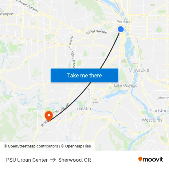 PSU Urban Center to Sherwood, OR map