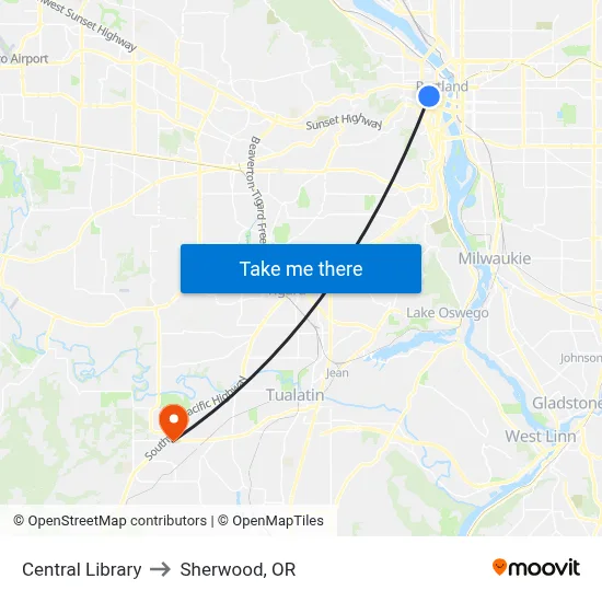 Central Library to Sherwood, OR map