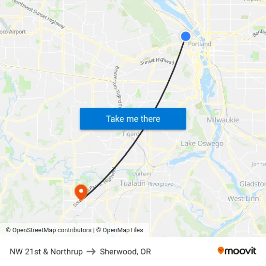NW 21st & Northrup to Sherwood, OR map