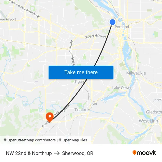 NW 22nd & Northrup to Sherwood, OR map