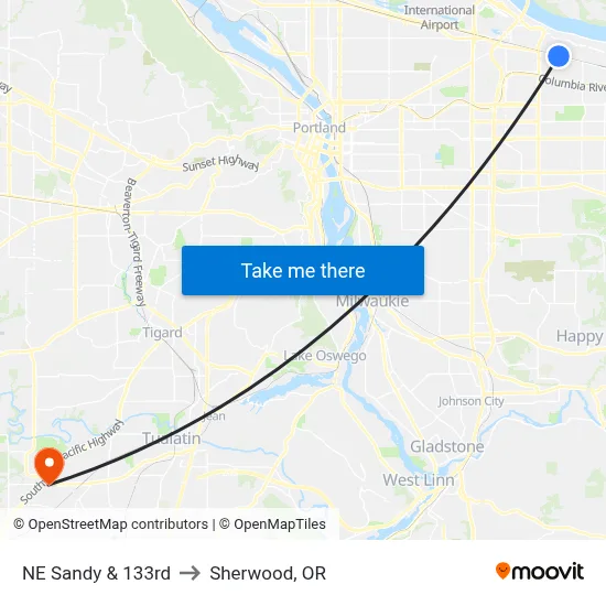 NE Sandy & 133rd to Sherwood, OR map