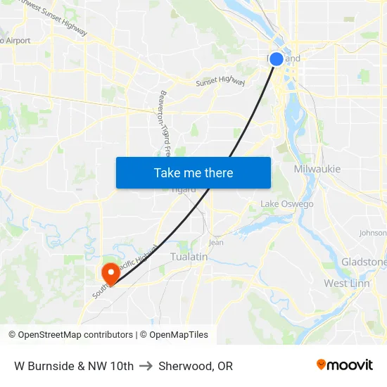 W Burnside & NW 10th to Sherwood, OR map