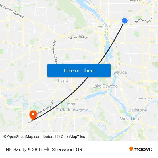 NE Sandy & 38th to Sherwood, OR map