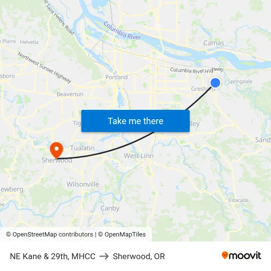 NE Kane & 29th, MHCC to Sherwood, OR map