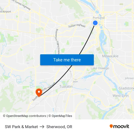 SW Park & Market to Sherwood, OR map
