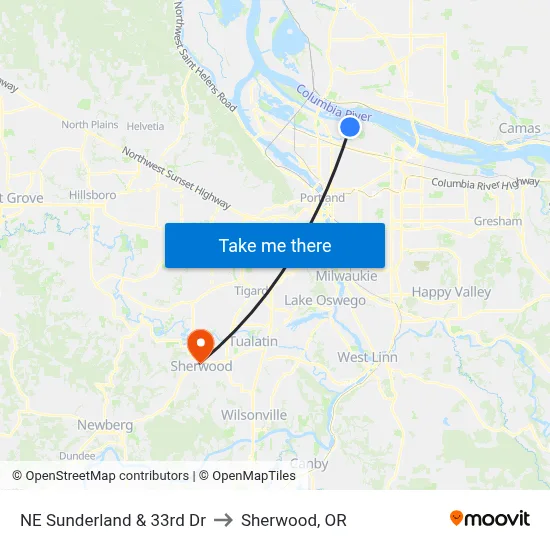NE Sunderland & 33rd Dr to Sherwood, OR map