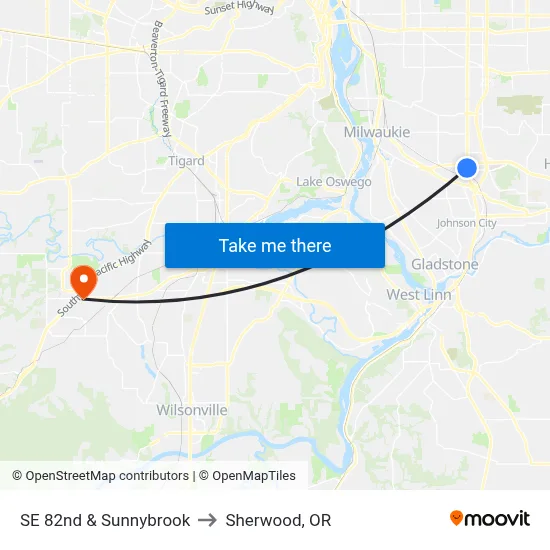 SE 82nd & Sunnybrook to Sherwood, OR map