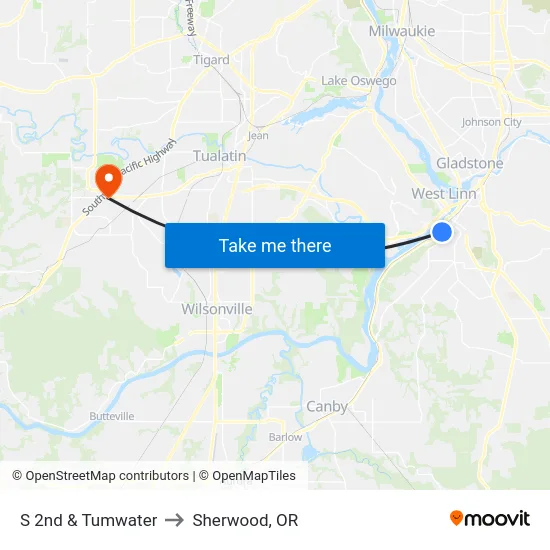 S 2nd & Tumwater to Sherwood, OR map