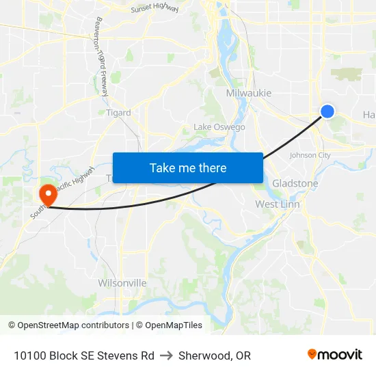 10100 Block SE Stevens Rd to Sherwood, OR map