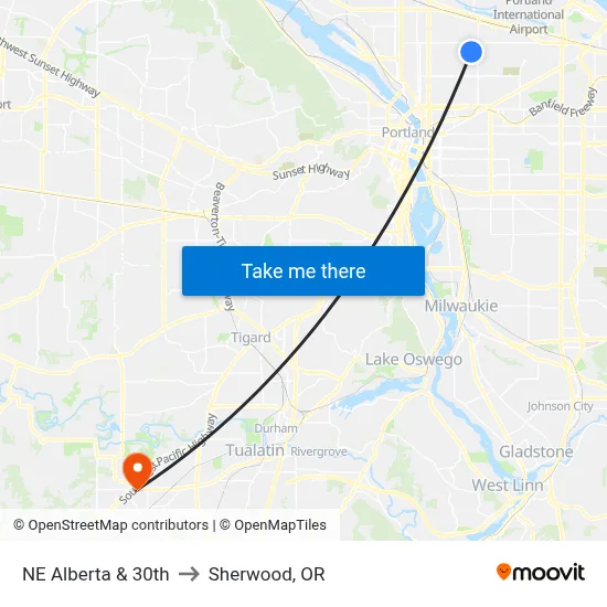 NE Alberta & 30th to Sherwood, OR map